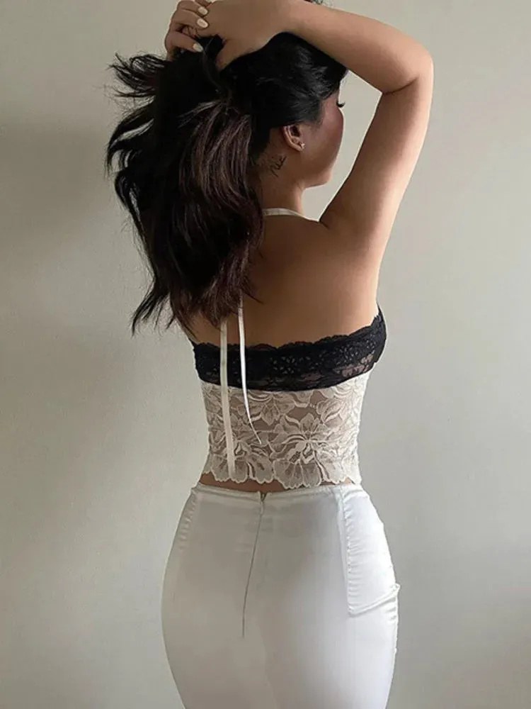 A&A Backless Halter Cropped Lace Bow Lace-up Top