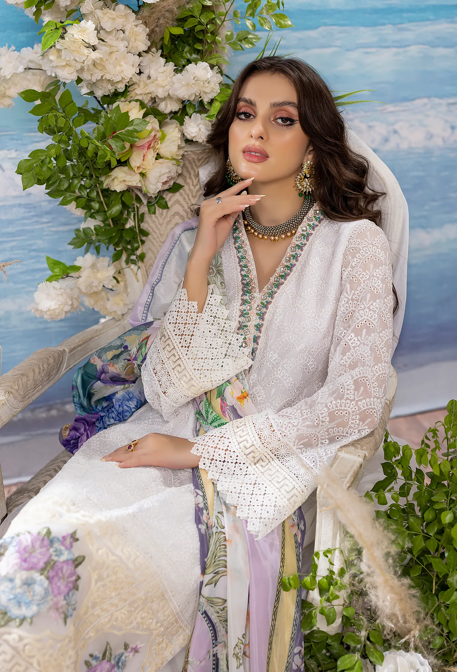 Adan's Libas Ocean Chikankari Embroidered Collection – White Coral