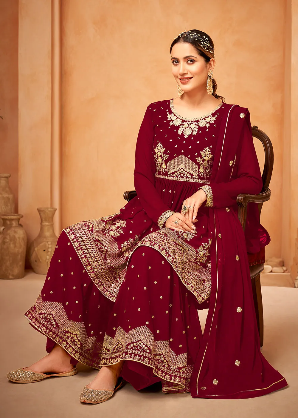 Appealing Maroon Embroidered Wedding Festive Gharara Suit