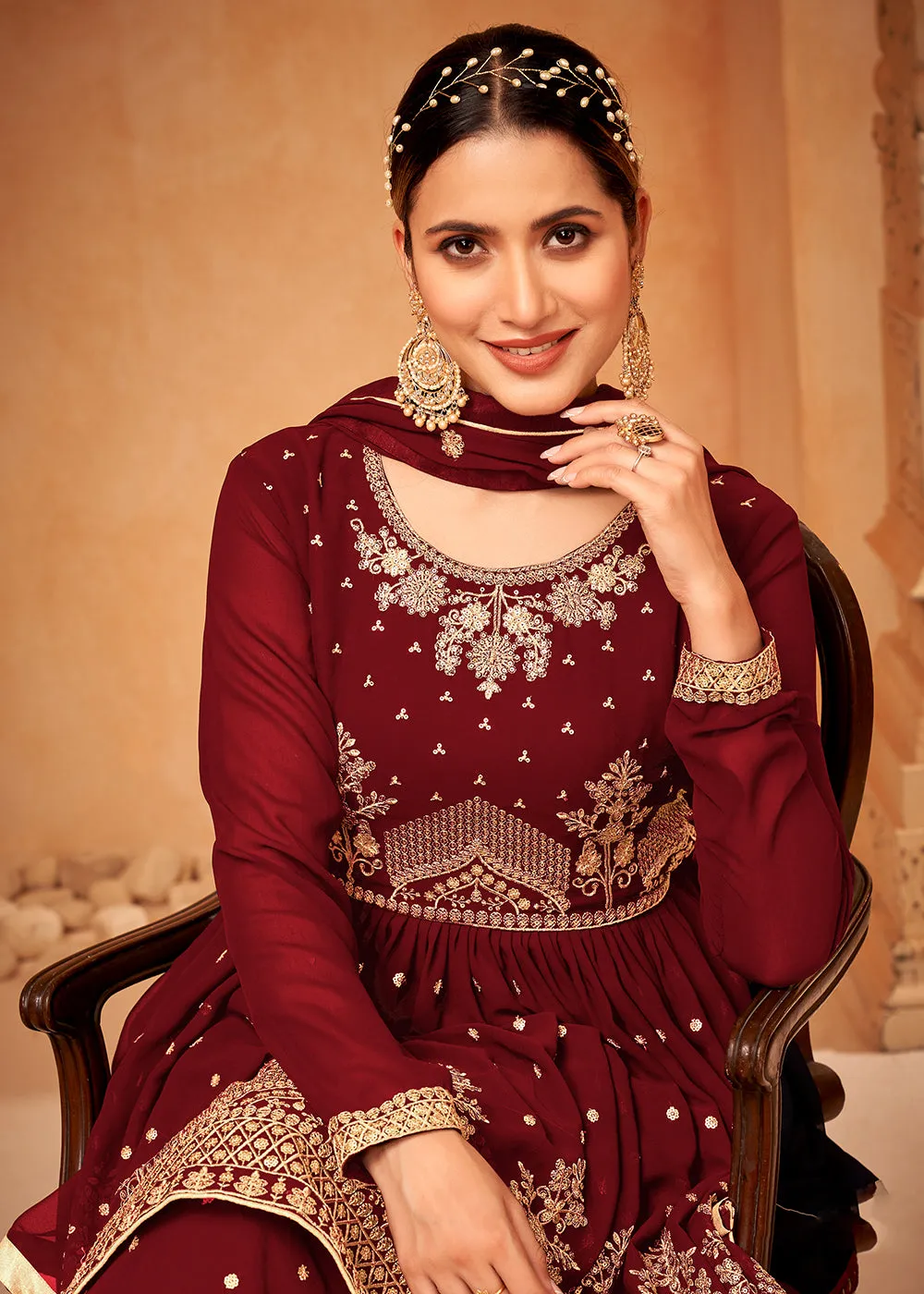 Appealing Maroon Embroidered Wedding Festive Gharara Suit