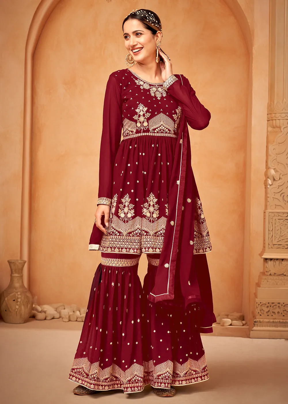 Appealing Maroon Embroidered Wedding Festive Gharara Suit