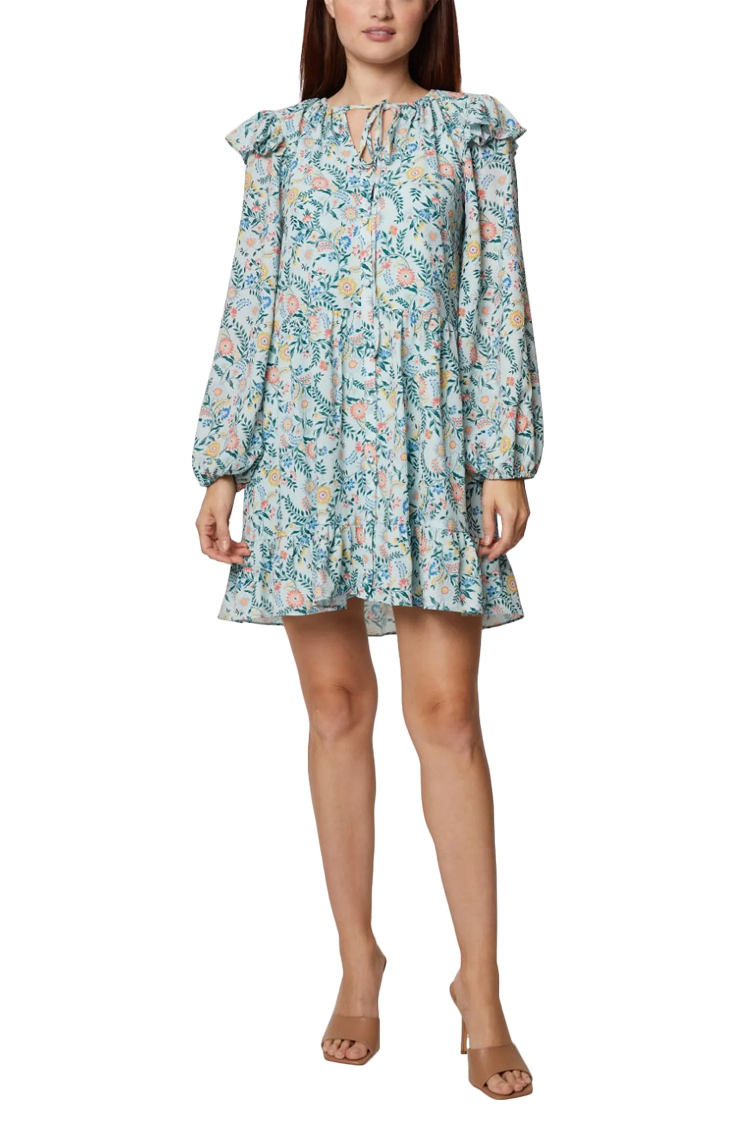 BCBG Generation Tie Neck Long Sleeve Ruffled Shoulder Multi Print Shift Crepe Dress