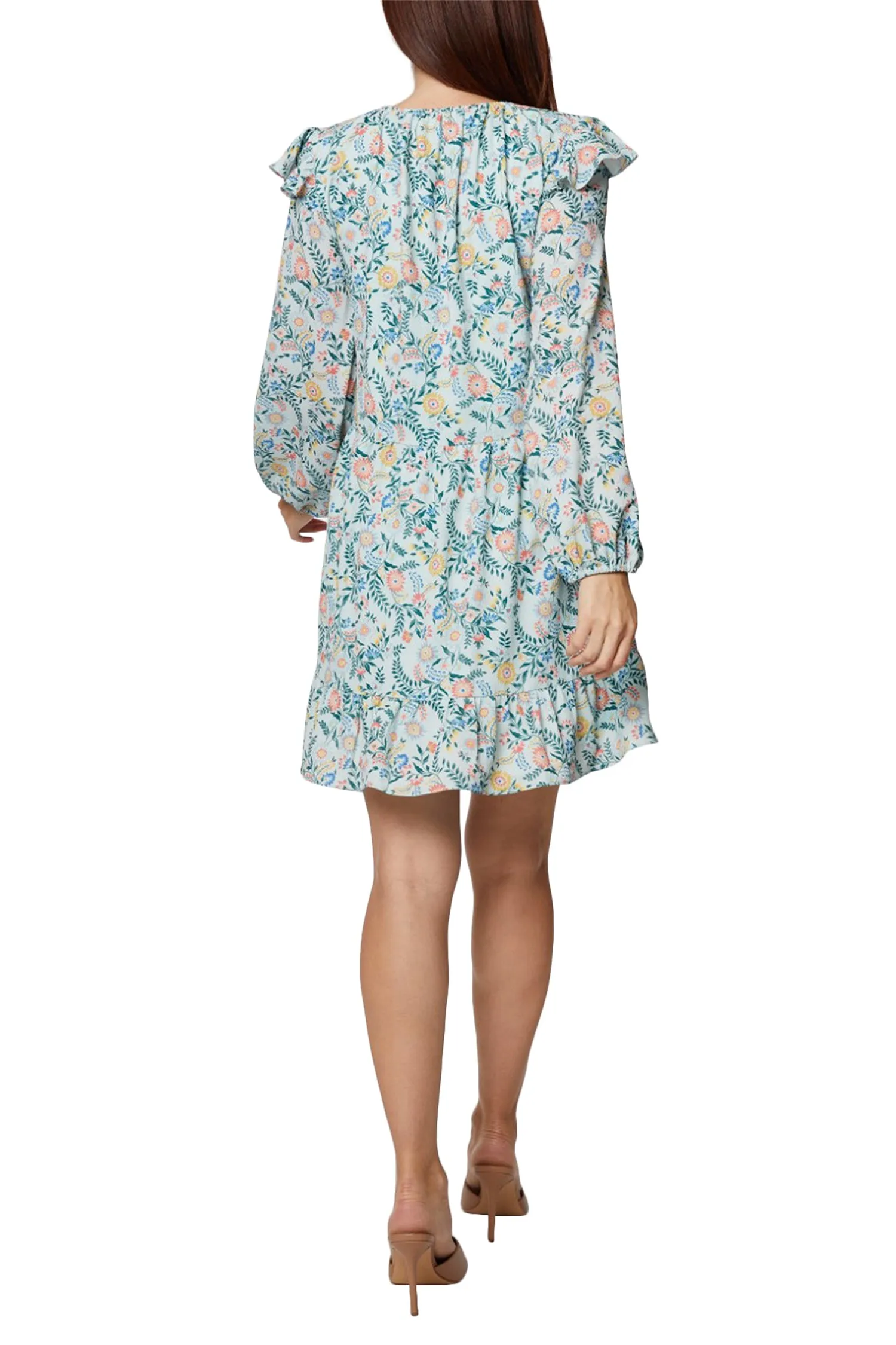 BCBG Generation Tie Neck Long Sleeve Ruffled Shoulder Multi Print Shift Crepe Dress