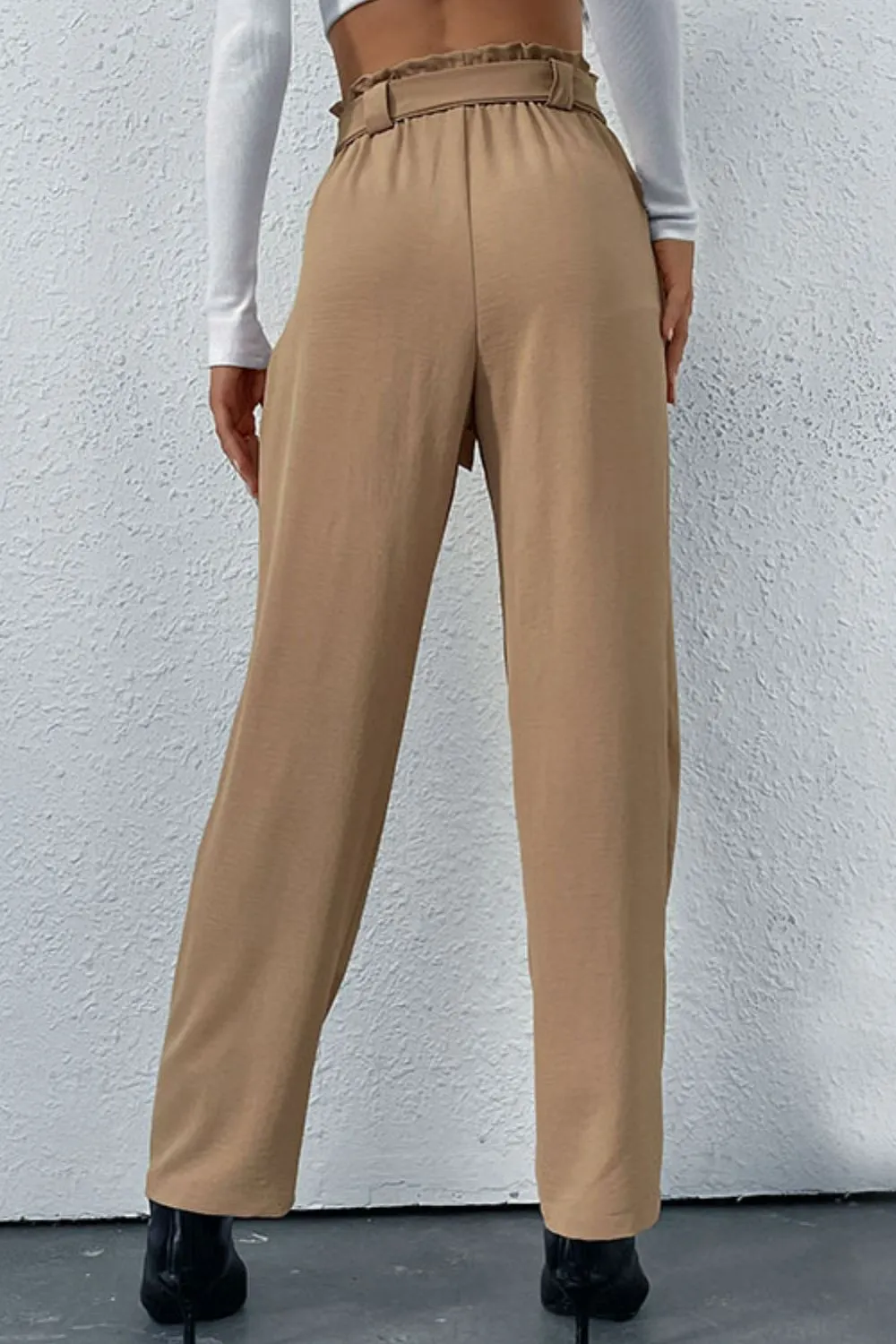 Belted Straight Leg Pants with Pockets