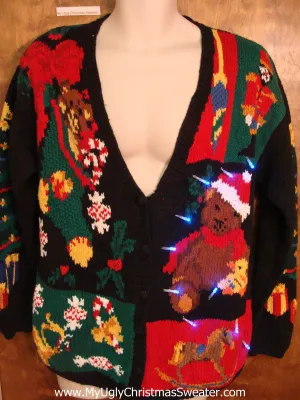 Best 2sided Teddy Bear Tacky Xmas Sweater with Lights