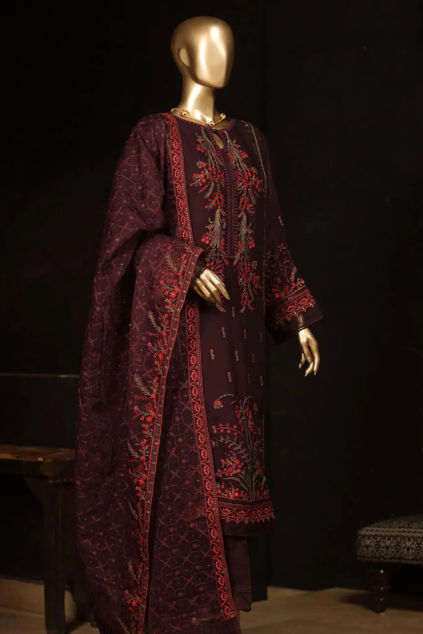 Bin Saeed Stitched 3 Piece Embroidered Chiffon Collection'2022-ASPC-008-Purple