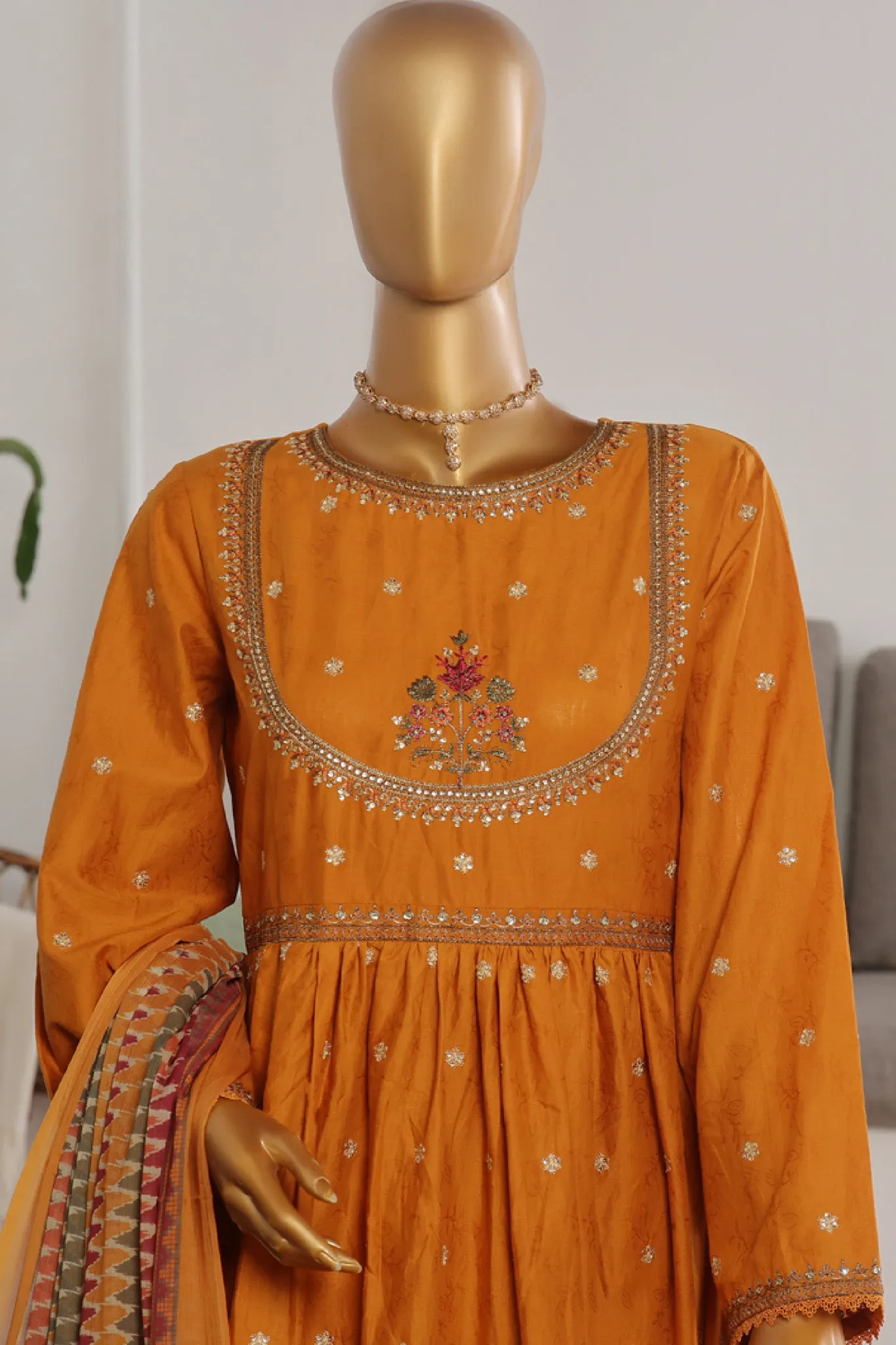 Bin Saeed Stitched 3 Piece Festive Emb Jacquard Frocks Collection'2024-BNS-1034-Mustard