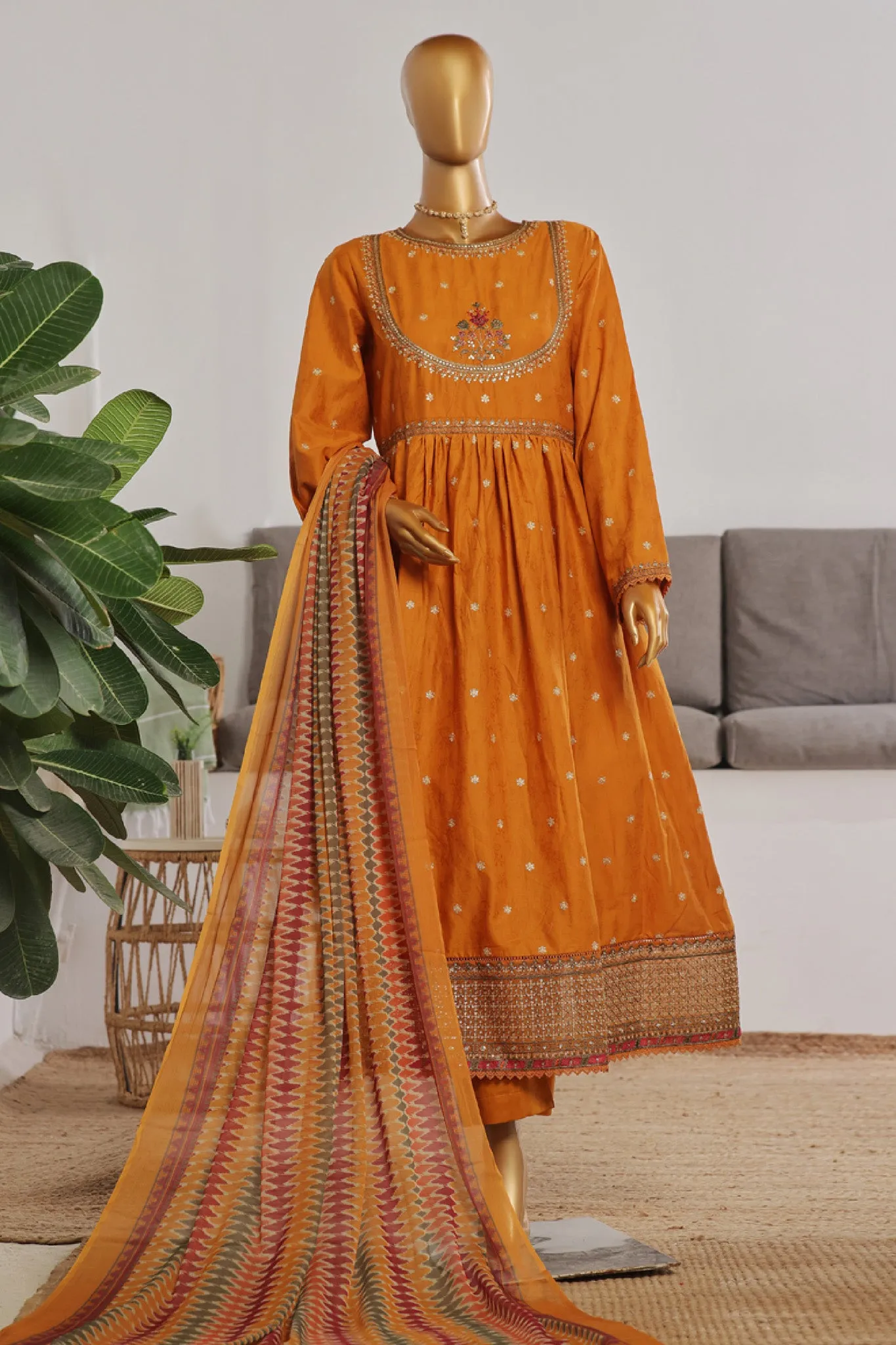 Bin Saeed Stitched 3 Piece Festive Emb Jacquard Frocks Collection'2024-BNS-1034-Mustard