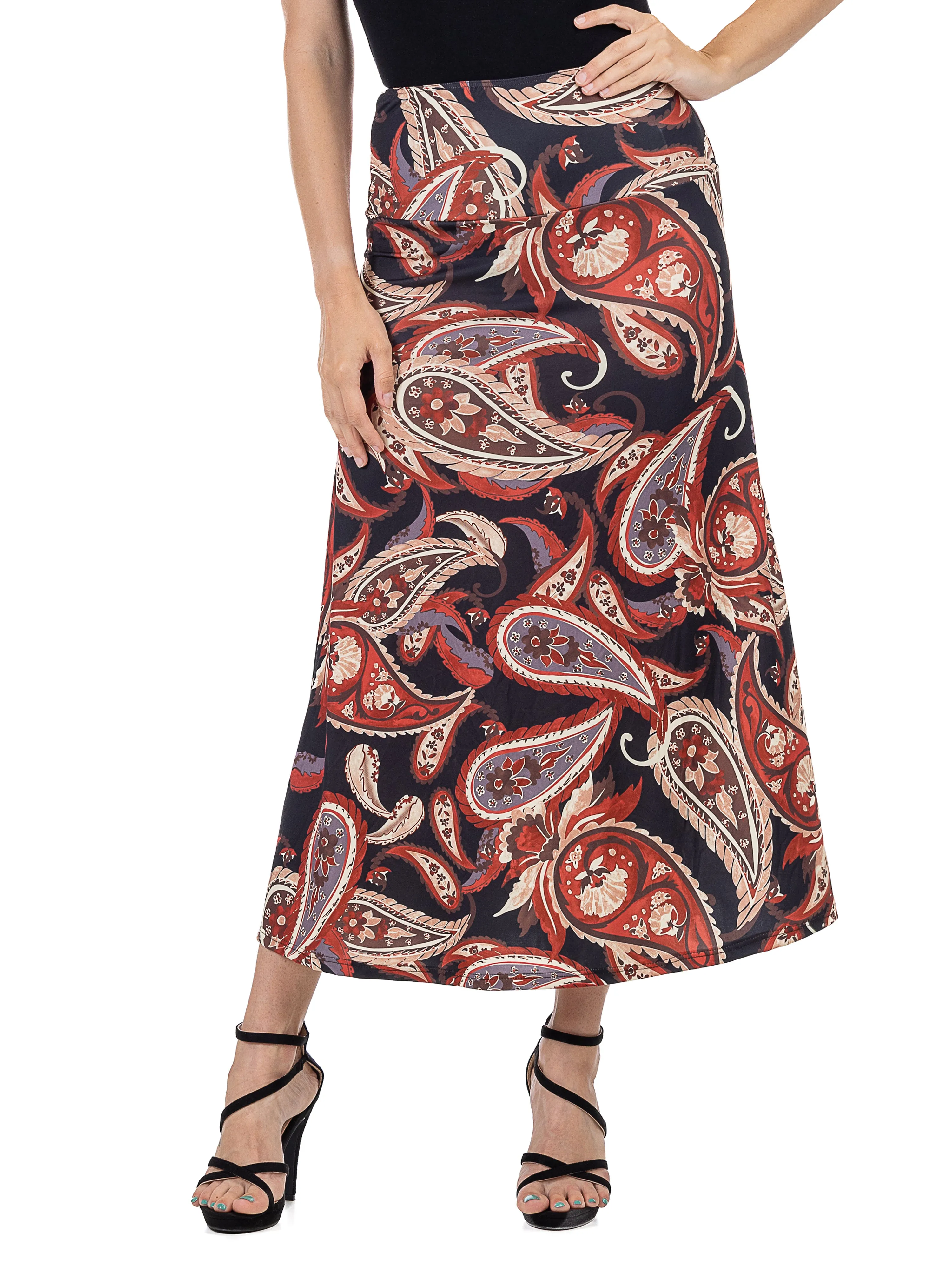 Black and Red Paisley Print Maxi Skirt