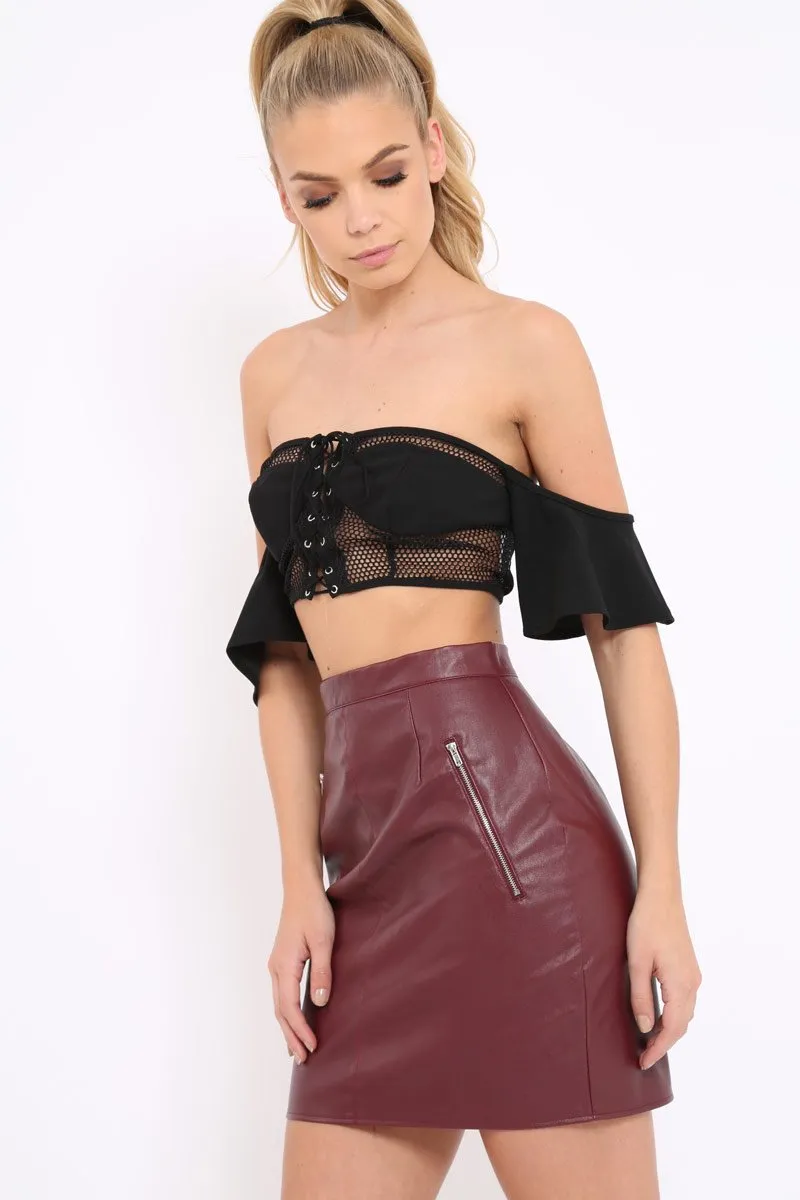 Black Lace Up Front Mesh Gypsy Top - Shari