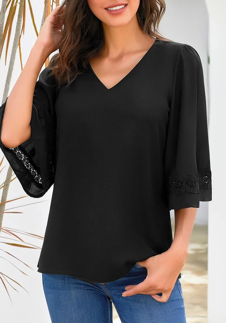 Black V-Neckline Crochet Lace Trim Sleeves Loose Blouse