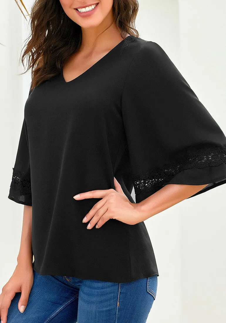 Black V-Neckline Crochet Lace Trim Sleeves Loose Blouse