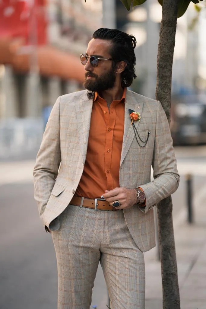 Bojoni Amato Slim Fit Plaid Camel Striped Suit