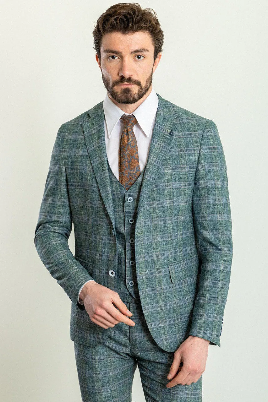 Bojoni Trivento Green Mint Plaid Patterned  Slim Fit Suit