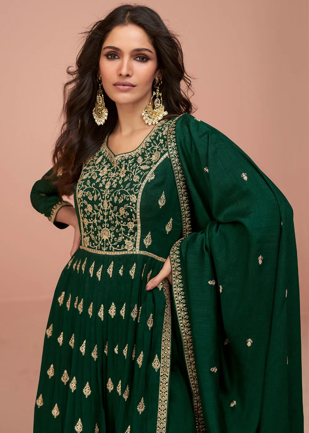 Bottle Green Wedding Wear Silk Trendy Palazzo Suit