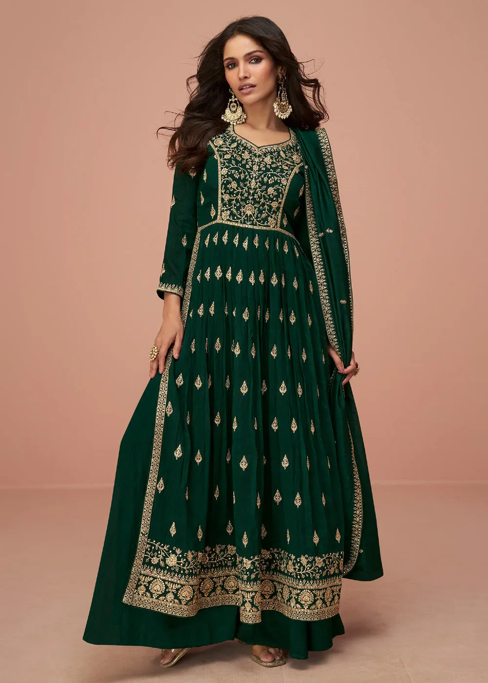 Bottle Green Wedding Wear Silk Trendy Palazzo Suit