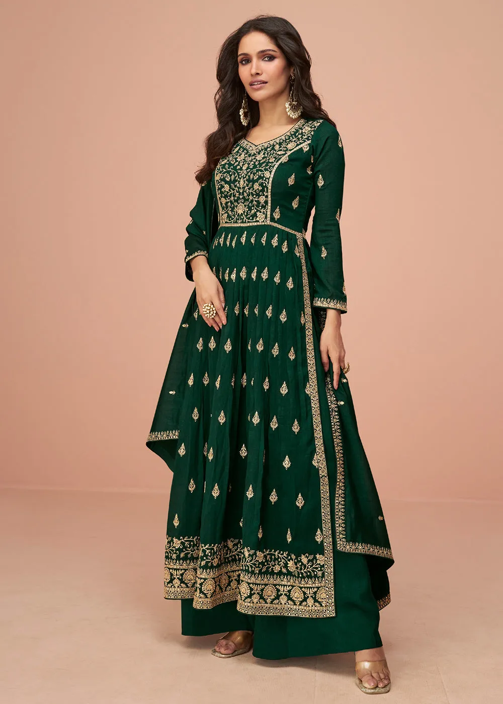 Bottle Green Wedding Wear Silk Trendy Palazzo Suit