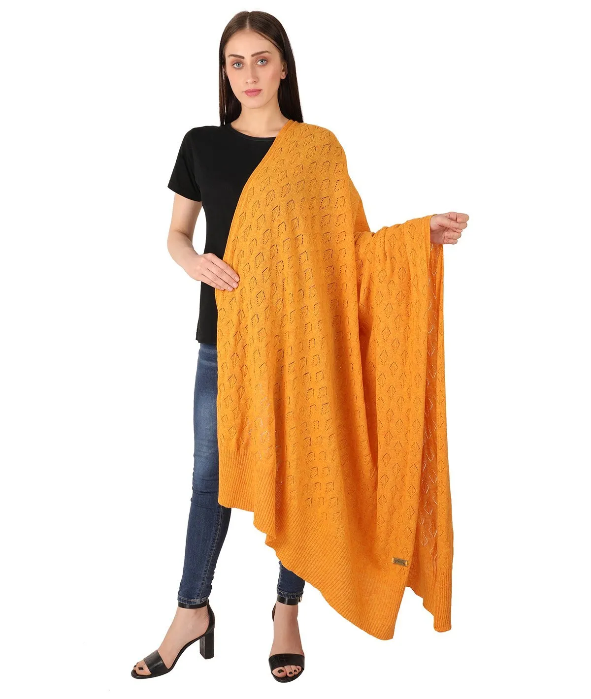 Bridgette - Light Orange Color Lambswool & Nylon Knitted Shawl Wrap