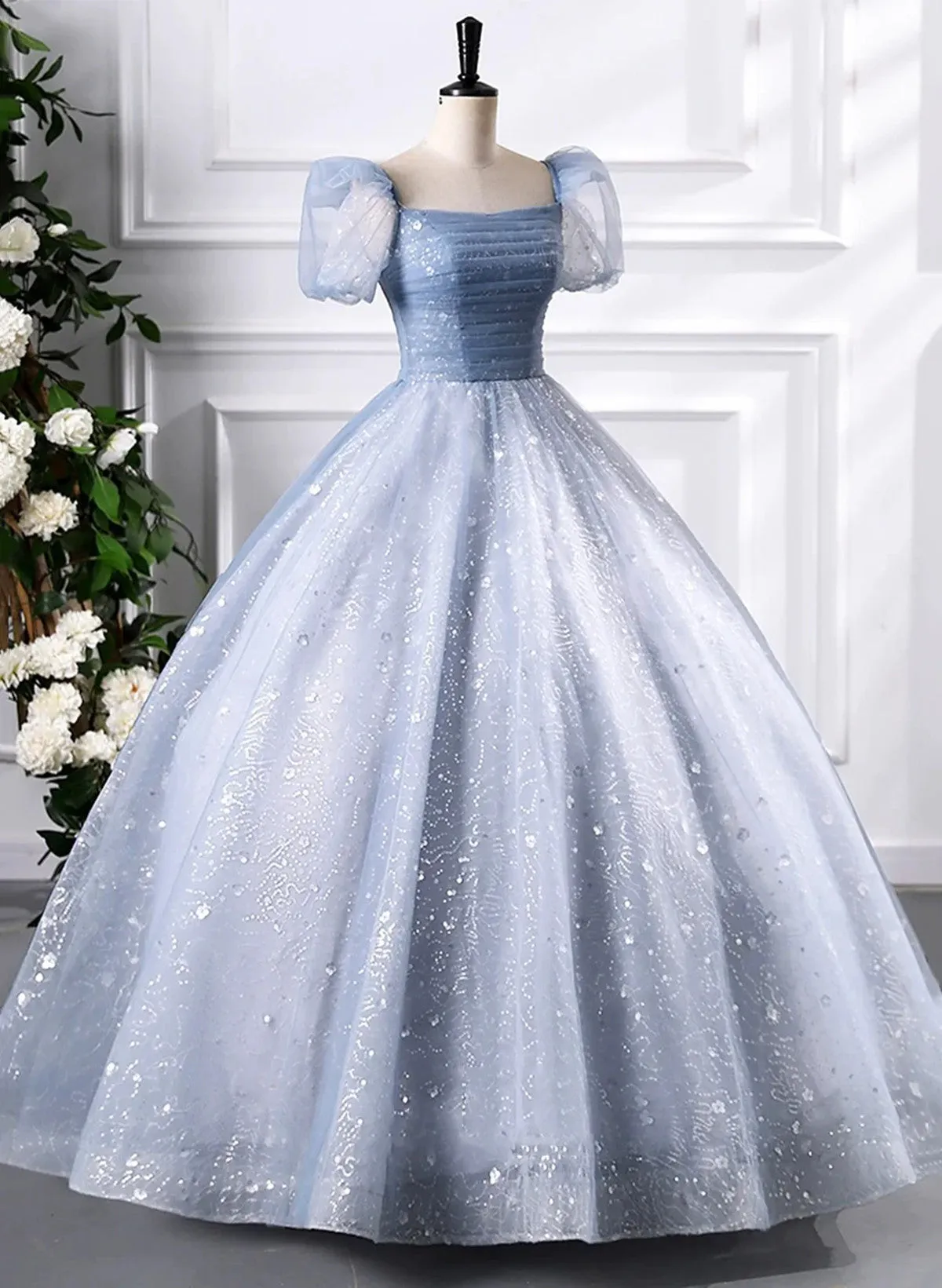 Chic Ball Gown Tulle Short Sleeves Sweet 16 Dress, Tulle Prom Dress