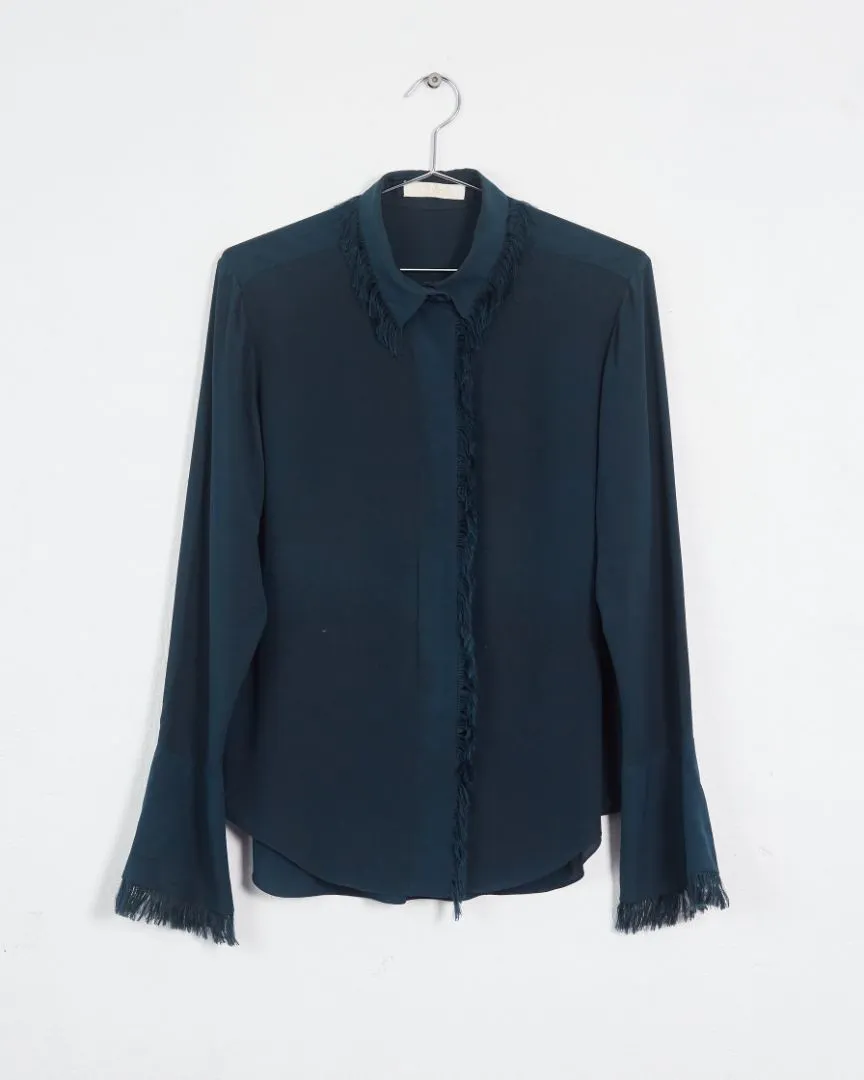 Chloé fringe trim silk blouse, teal, 10