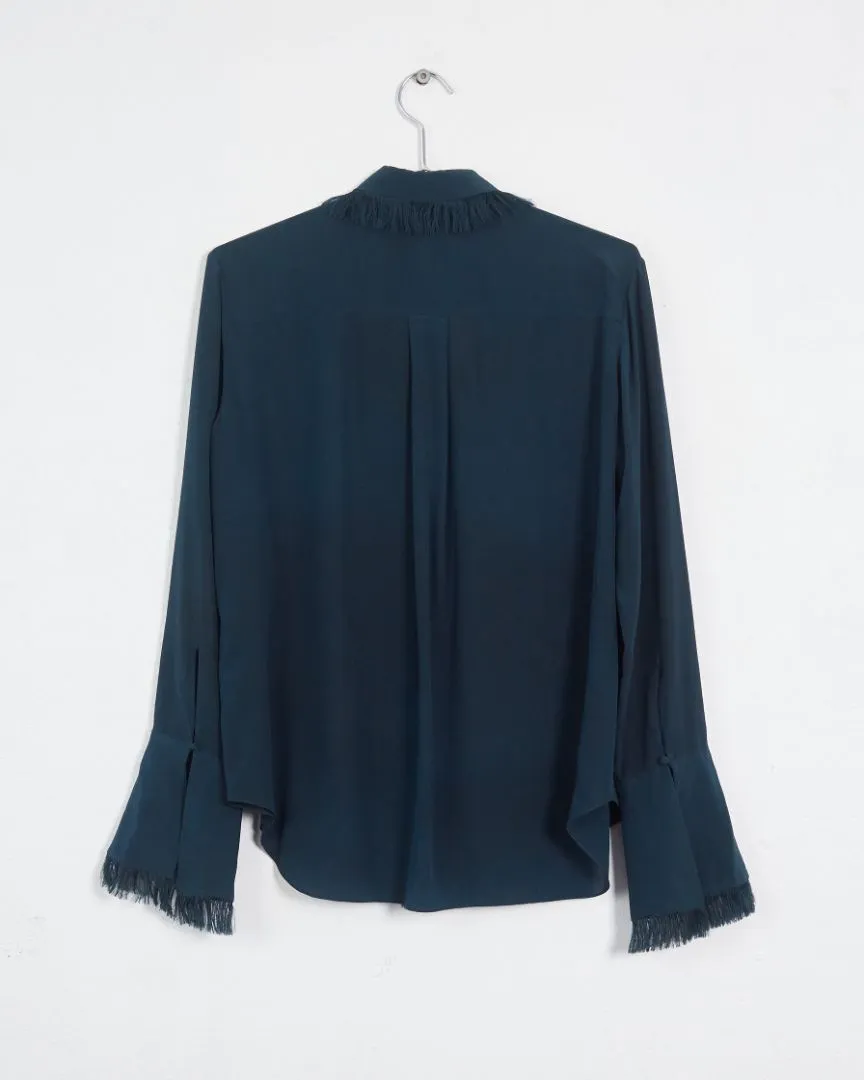 Chloé fringe trim silk blouse, teal, 10