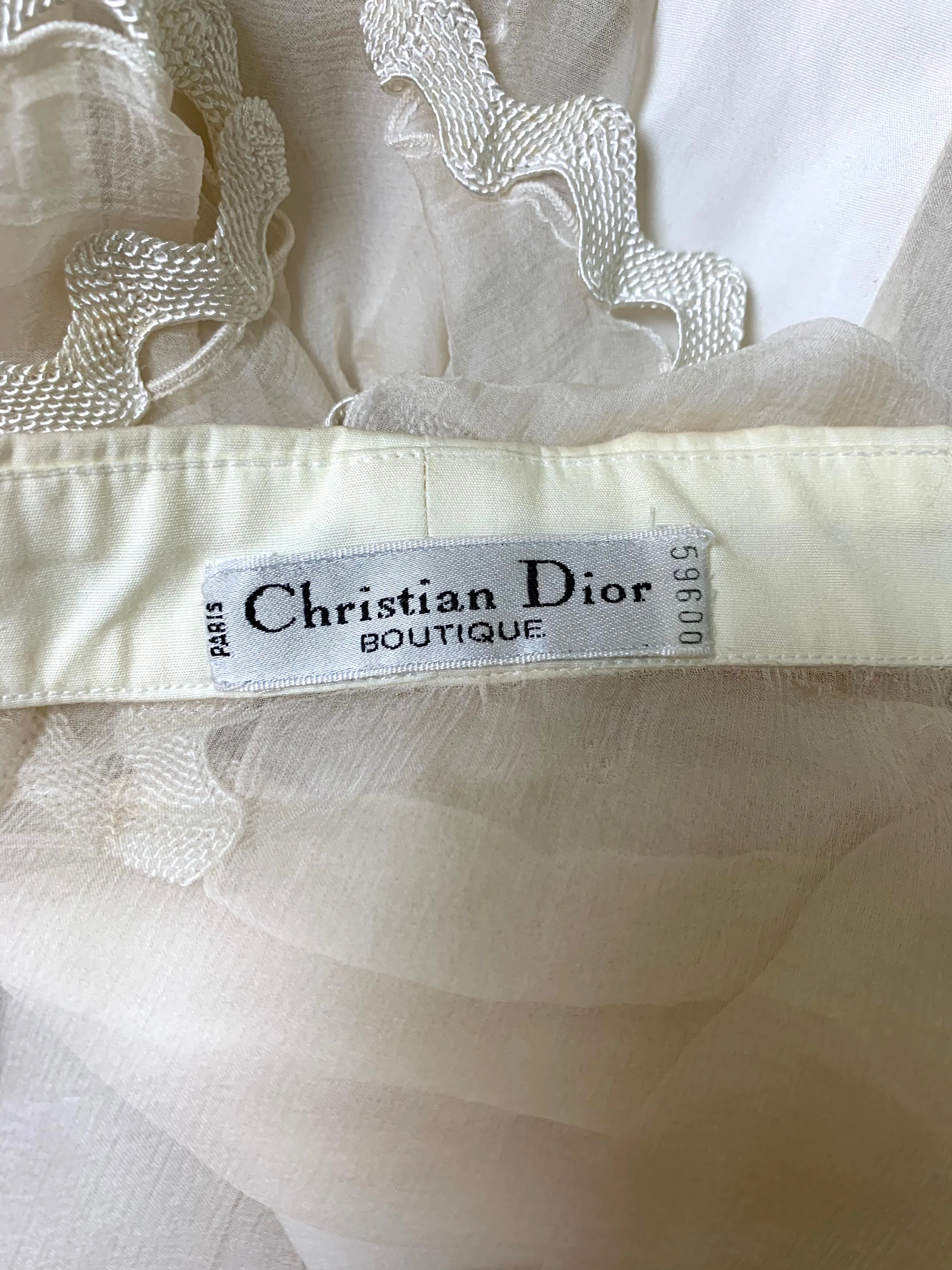 Christian Dior Sheer Cream Silk Ruffled Jabot Button Down Blouse