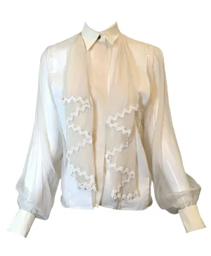 Christian Dior Sheer Cream Silk Ruffled Jabot Button Down Blouse