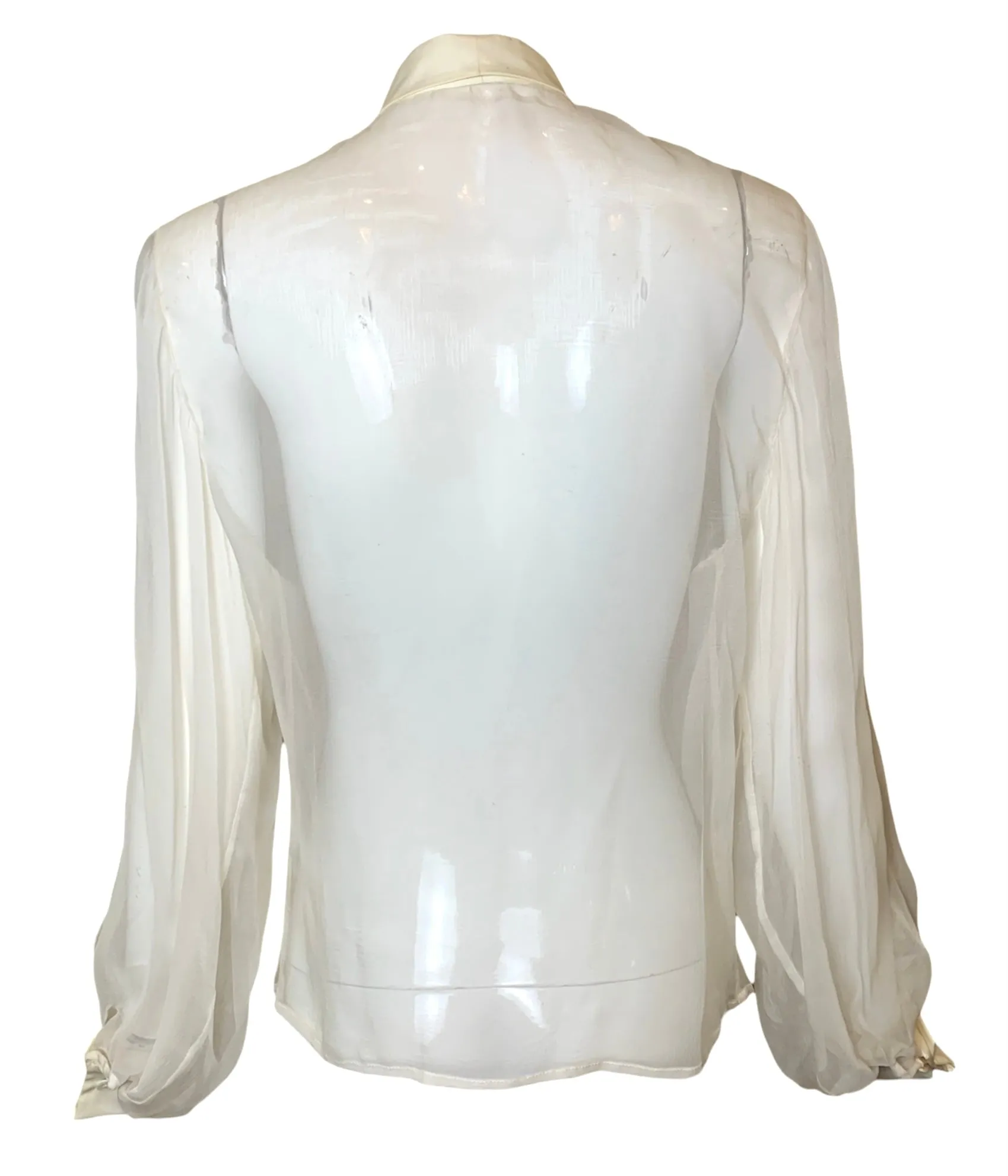 Christian Dior Sheer Cream Silk Ruffled Jabot Button Down Blouse