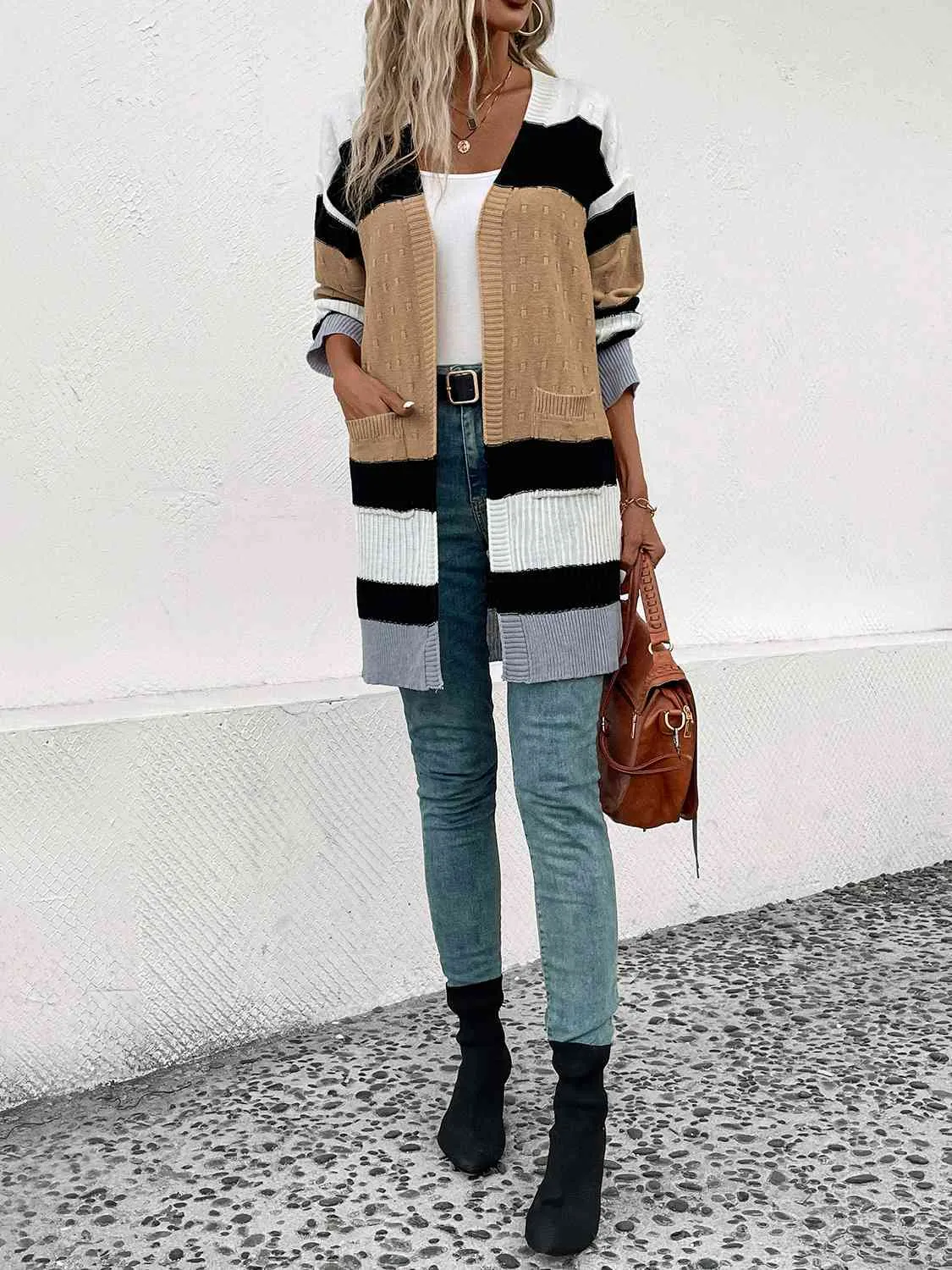 Color Block Open Front Drop Shoulder Cardigan