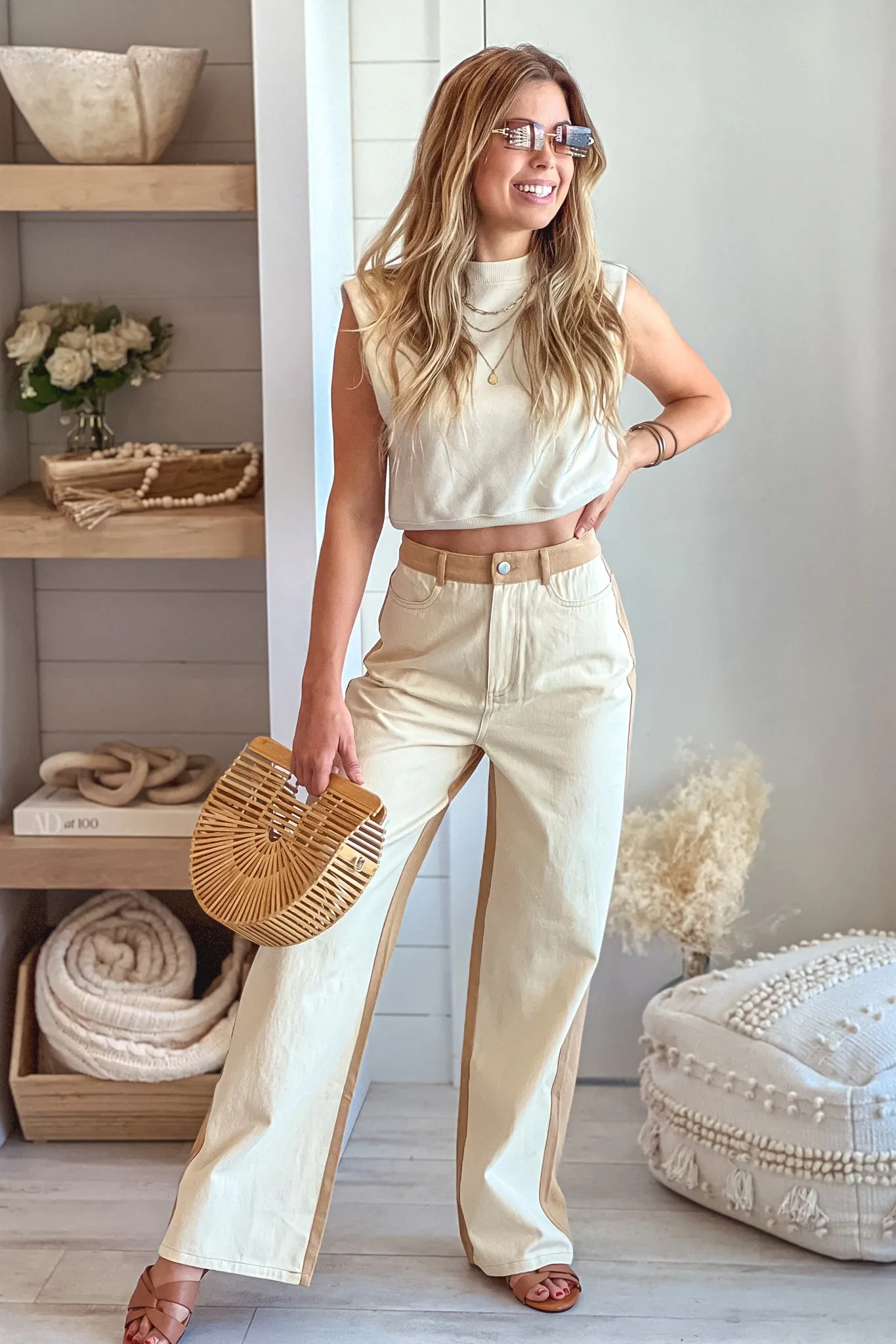 Cream And Taupe Color Block Straight Pants