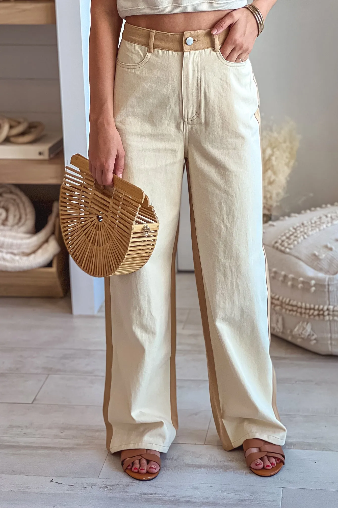 Cream And Taupe Color Block Straight Pants