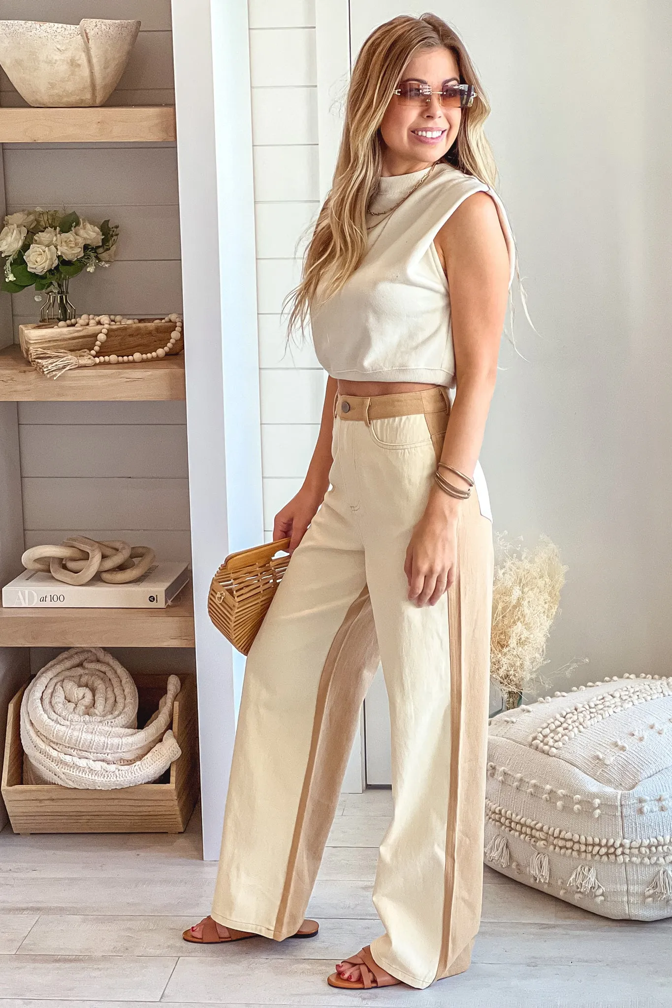 Cream And Taupe Color Block Straight Pants