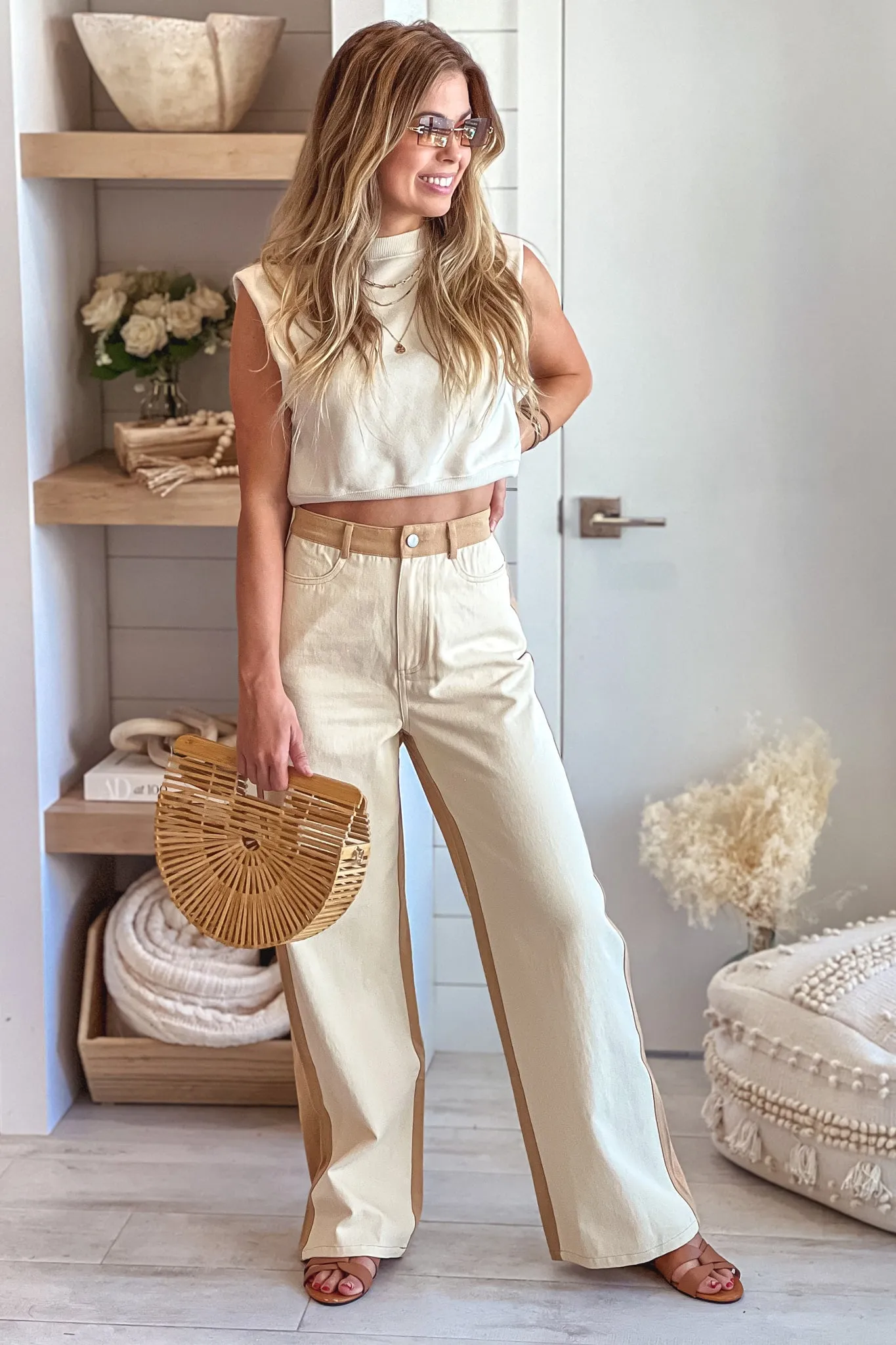 Cream And Taupe Color Block Straight Pants