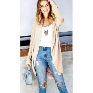 Cream Waffle Knit Dolman Sleeve Rounded Cardigan Casual Womens