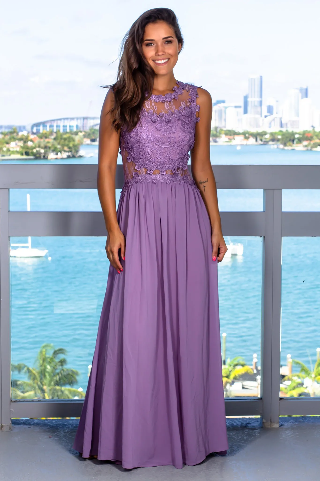 Dusty Lilac Lace Top Maxi Dress