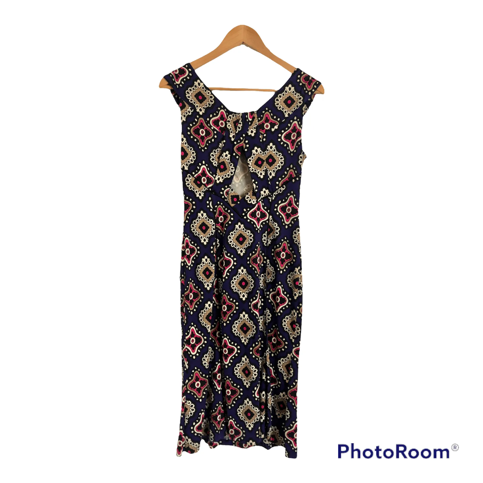 DVF 100% Silk Sleeveless Beaded Shift Dress Blue Multi Geometric Print S UK Size 8-10