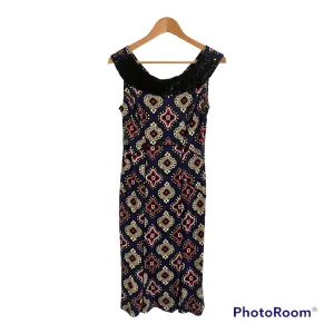 DVF 100% Silk Sleeveless Beaded Shift Dress Blue Multi Geometric Print S UK Size 8-10