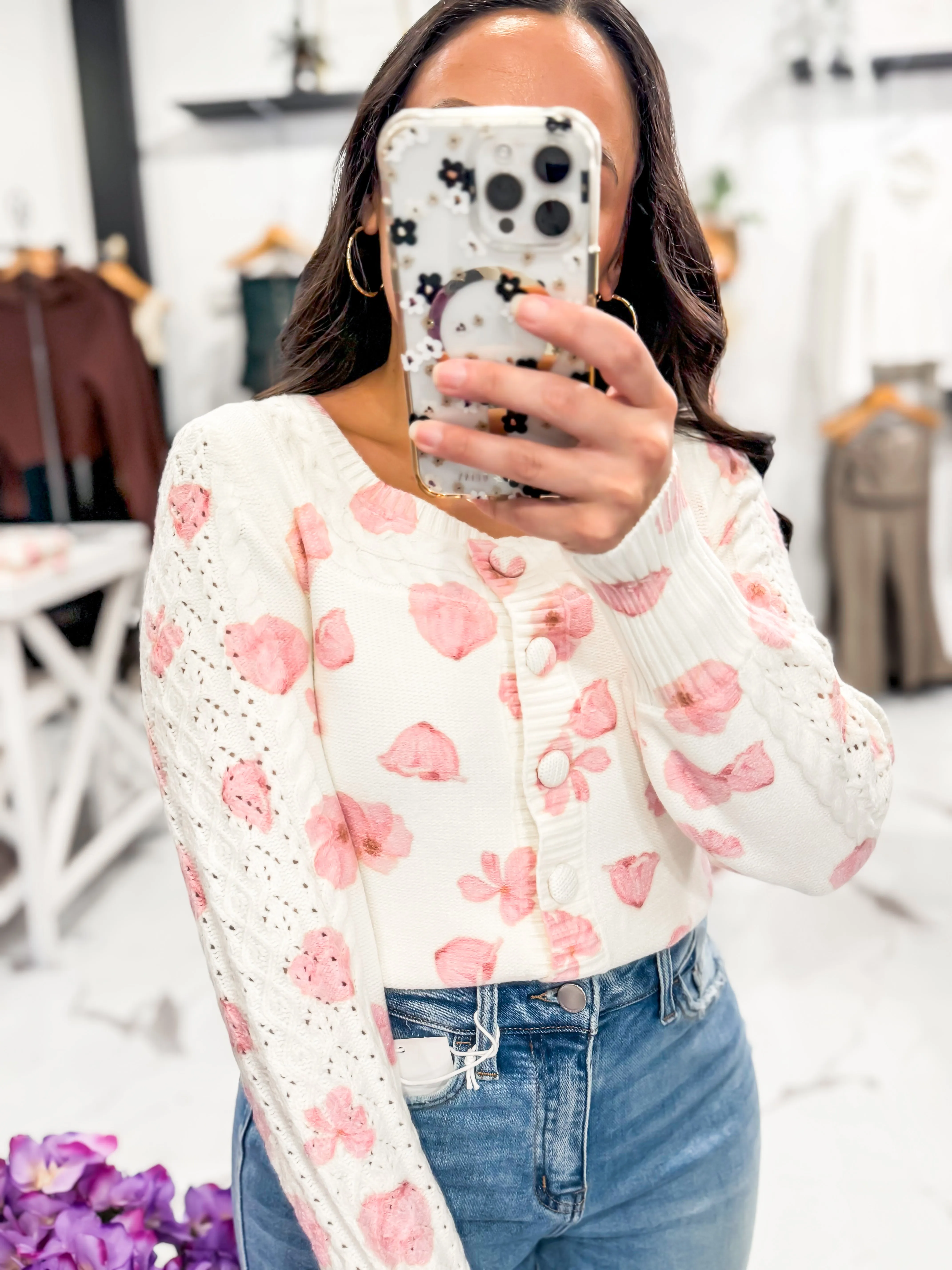 Eden Knit Rose Cardigan (Ivory/Pink)