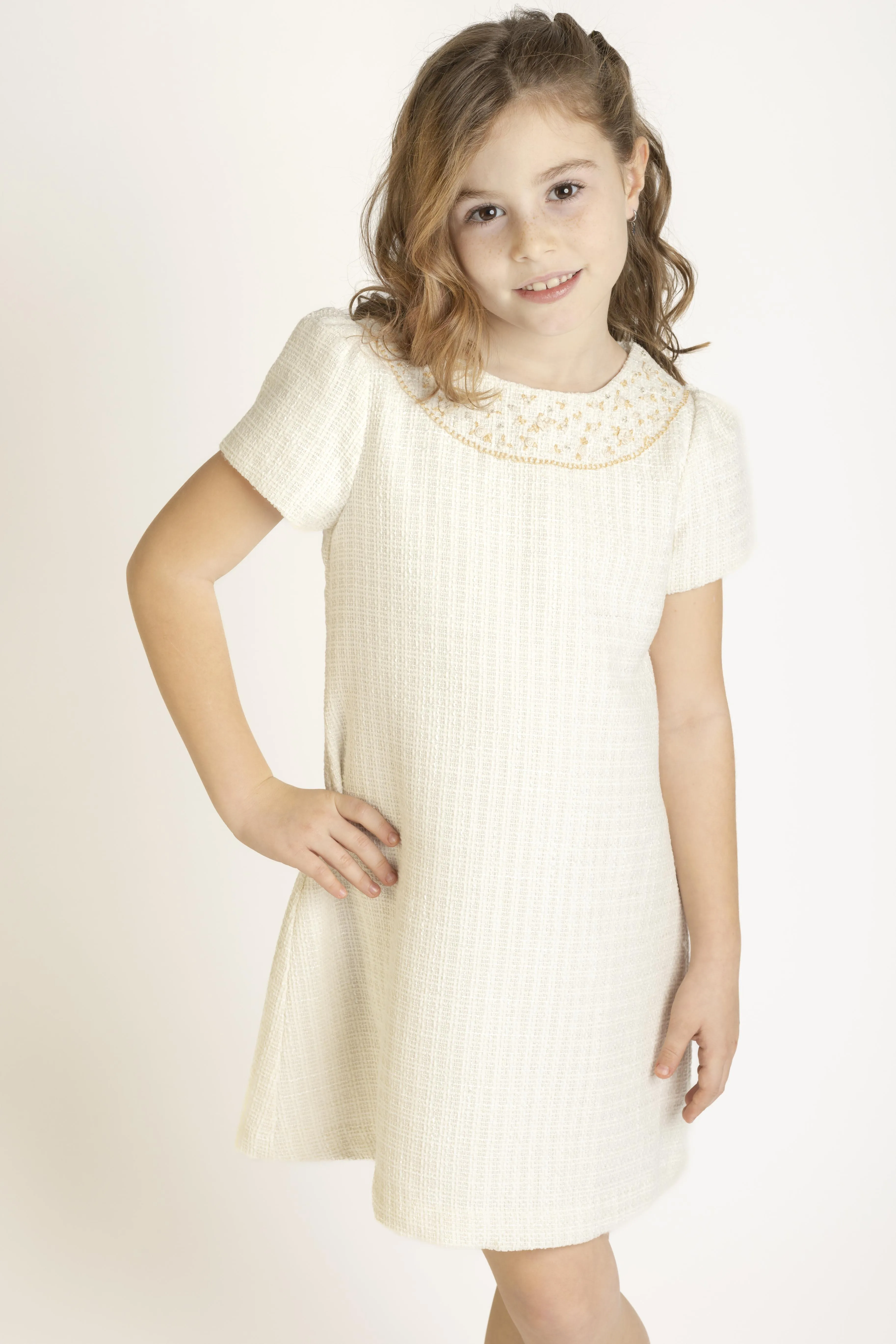 Embroidery Tweed Shift Dress- Ivory