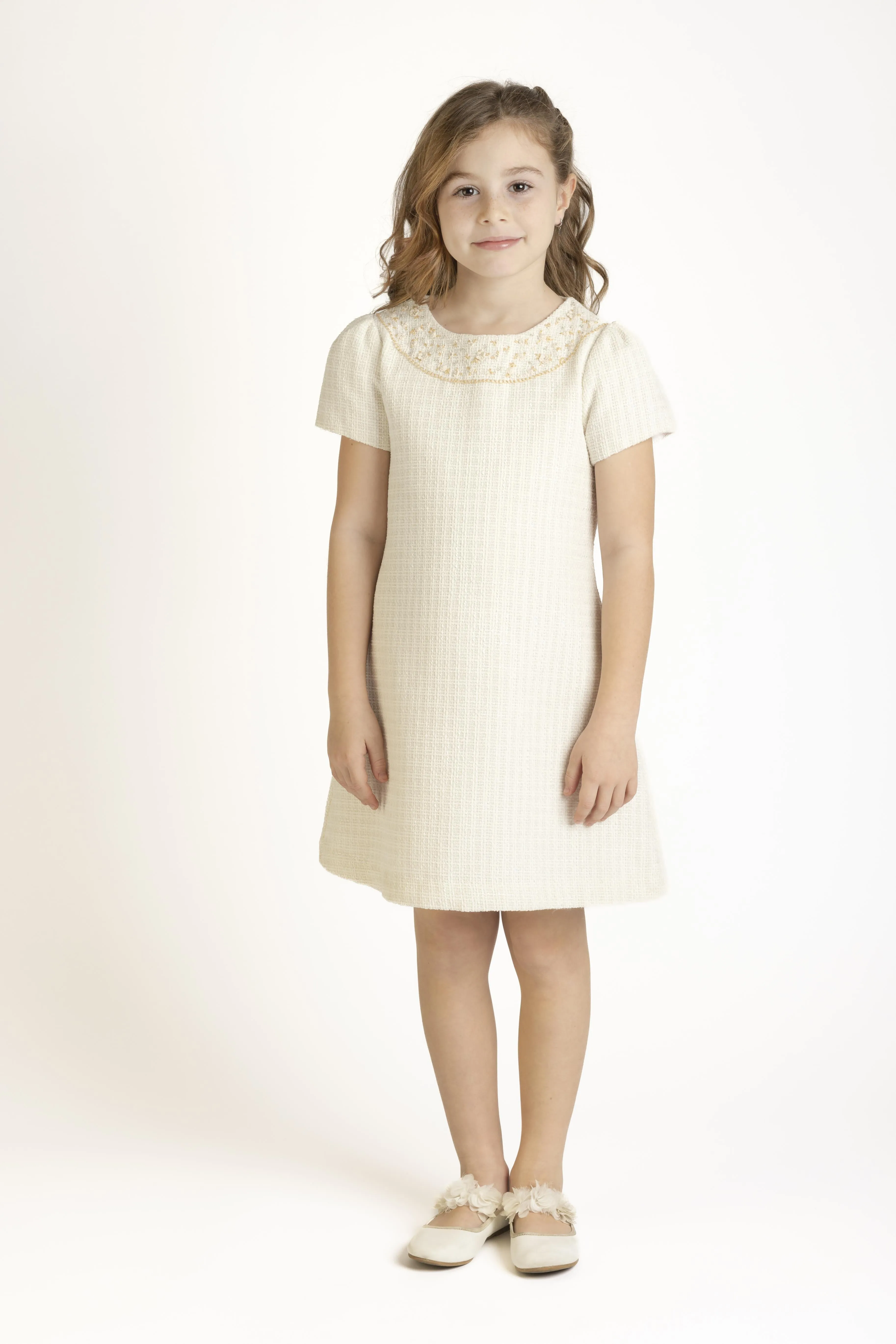 Embroidery Tweed Shift Dress- Ivory