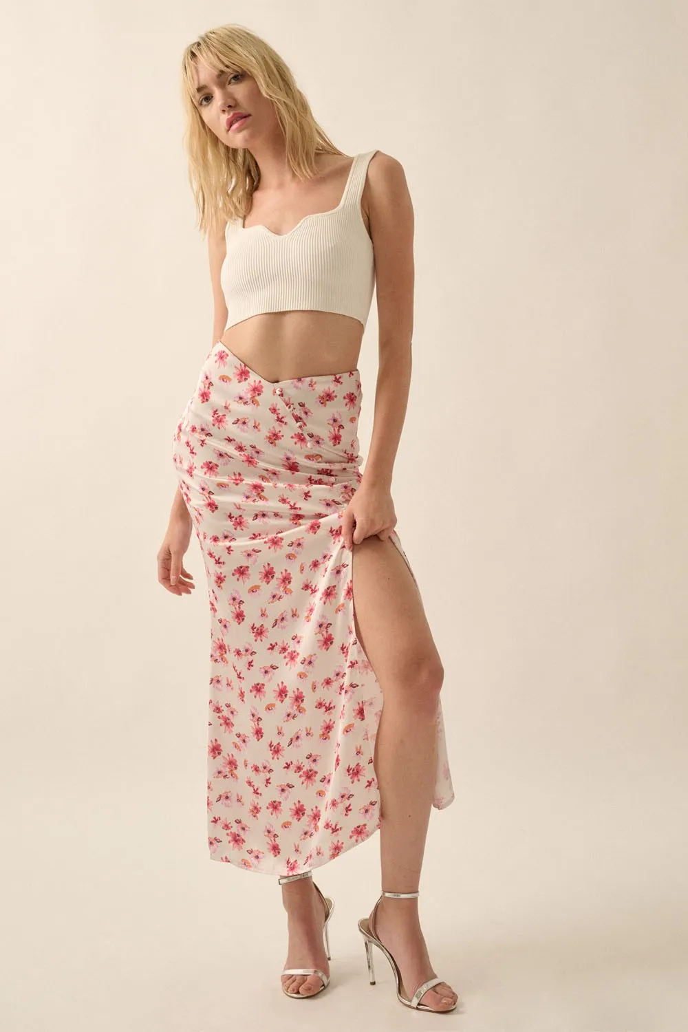 Floral Satin Curve Button-Front Maxi Skirt