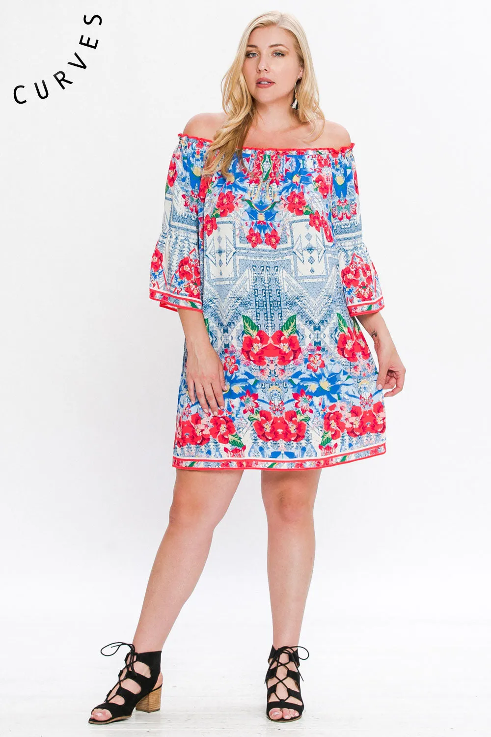 Flying Tomato Aztec & Floral Print Off the Shoulder Shift Dress