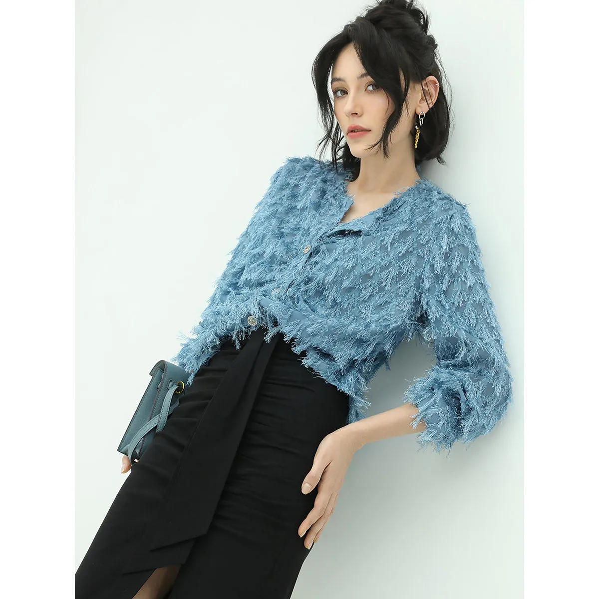 Fuzzy Jacquard Shaggy Blue Chiffon Cardigan