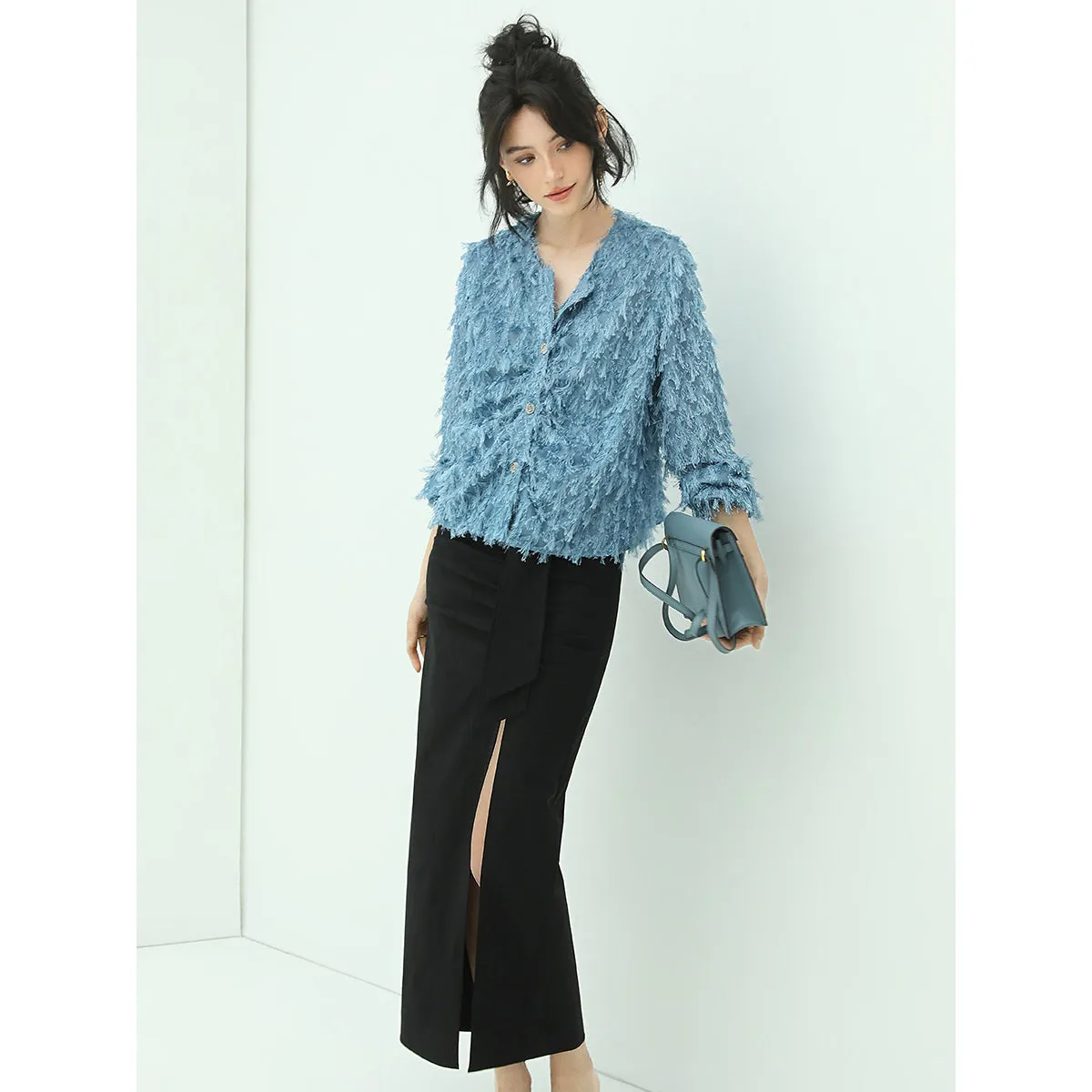 Fuzzy Jacquard Shaggy Blue Chiffon Cardigan