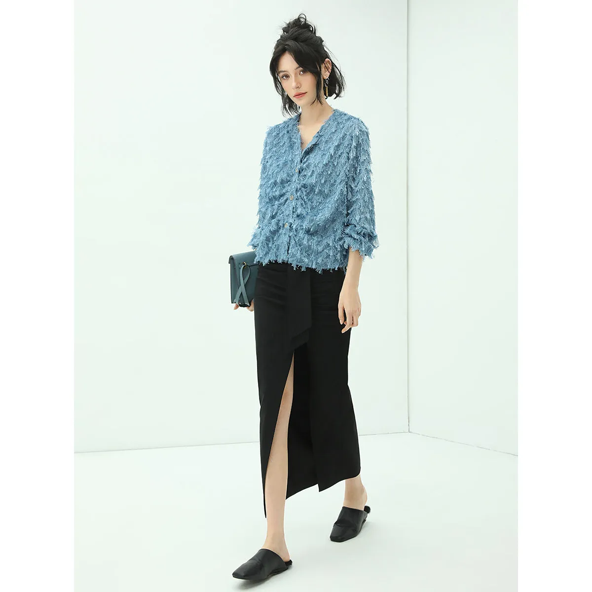 Fuzzy Jacquard Shaggy Blue Chiffon Cardigan