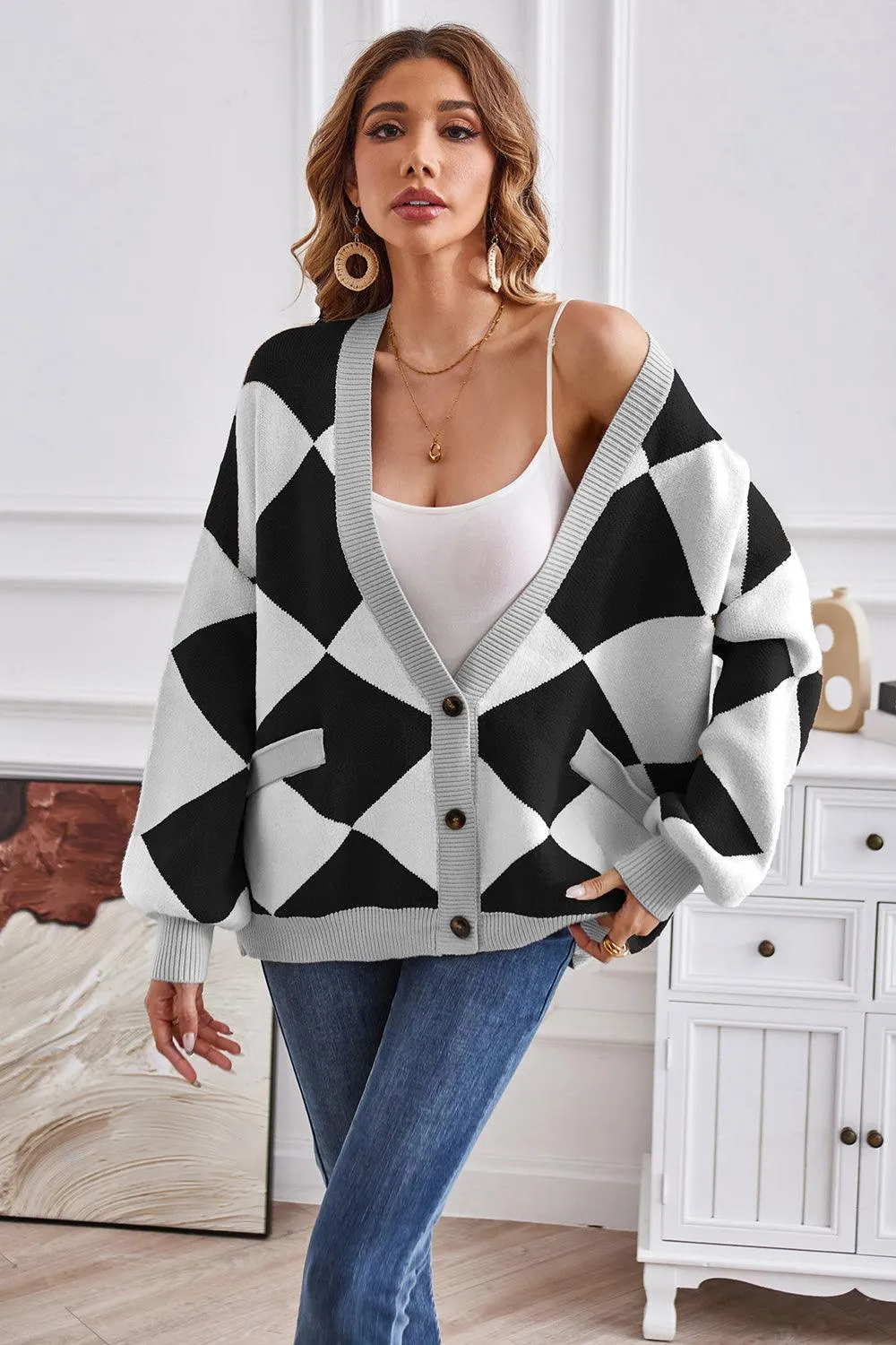 Geometric Lantern Sleeve Cardigan with Pockets