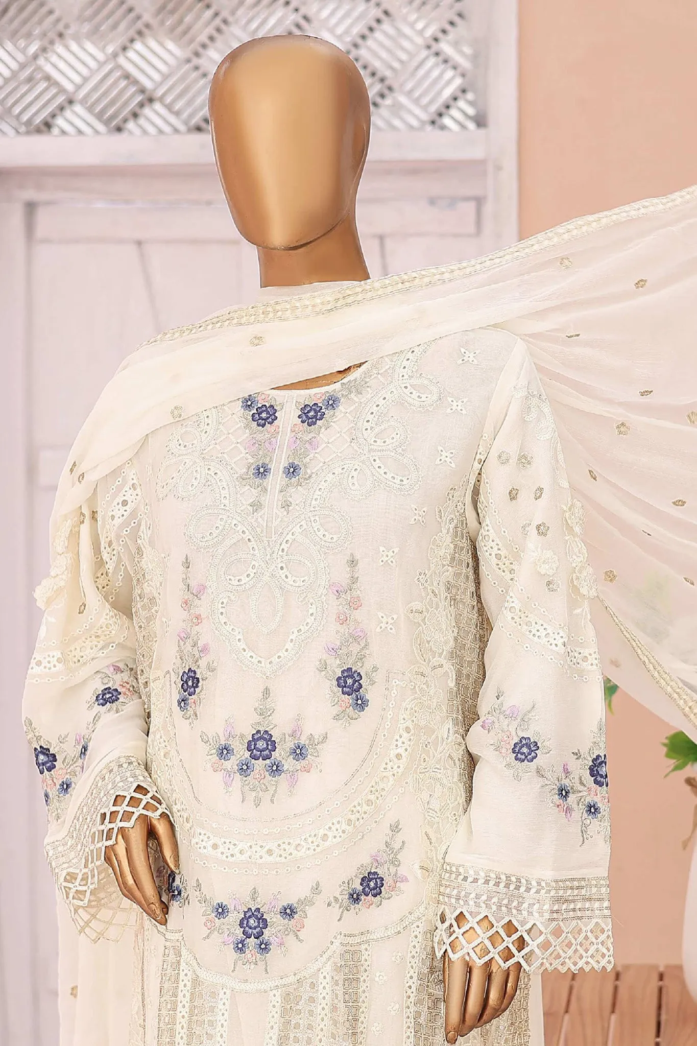 Gira By Bin Saeed Stitched 3 Piece Luxury Emb Chiffon Collection'2024-ZEFC-983-Off White