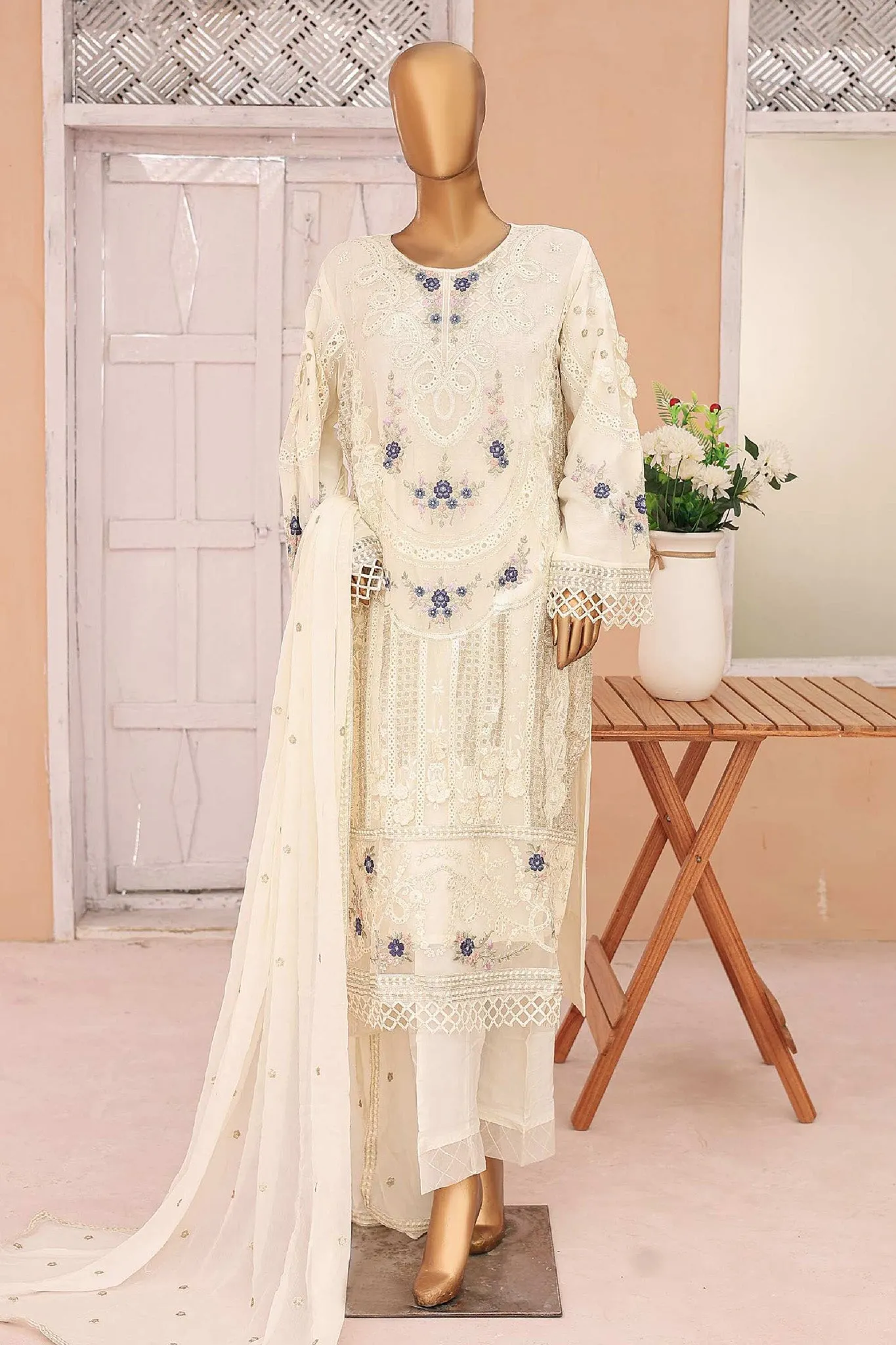 Gira By Bin Saeed Stitched 3 Piece Luxury Emb Chiffon Collection'2024-ZEFC-983-Off White