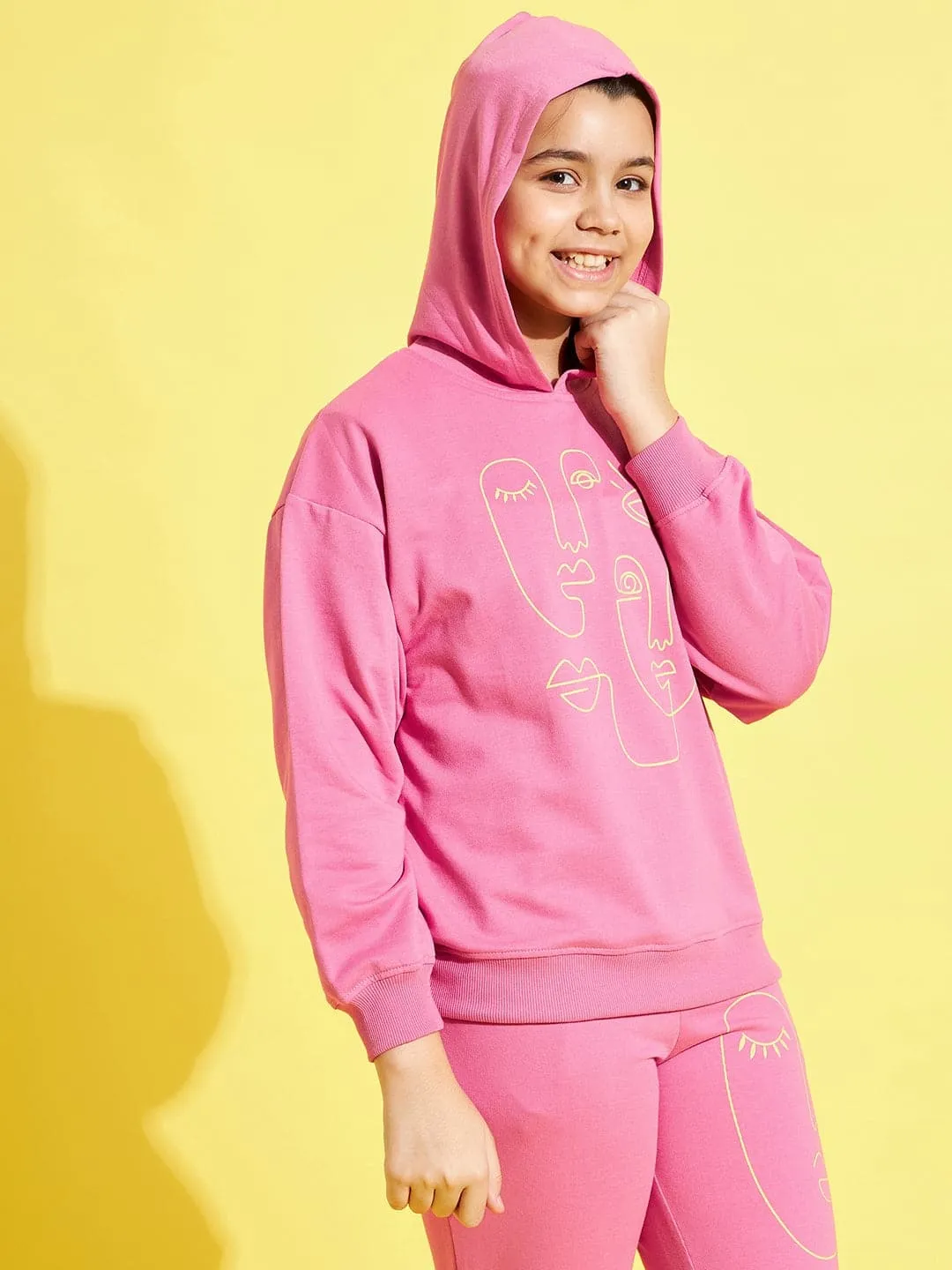 Girls Pink Terry Face Print Hoodie - Lyush Kids