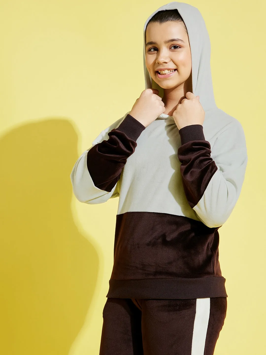 Girls Sea Green & Brown Velour Color Block Oversize Hoodie - Lyush Kids